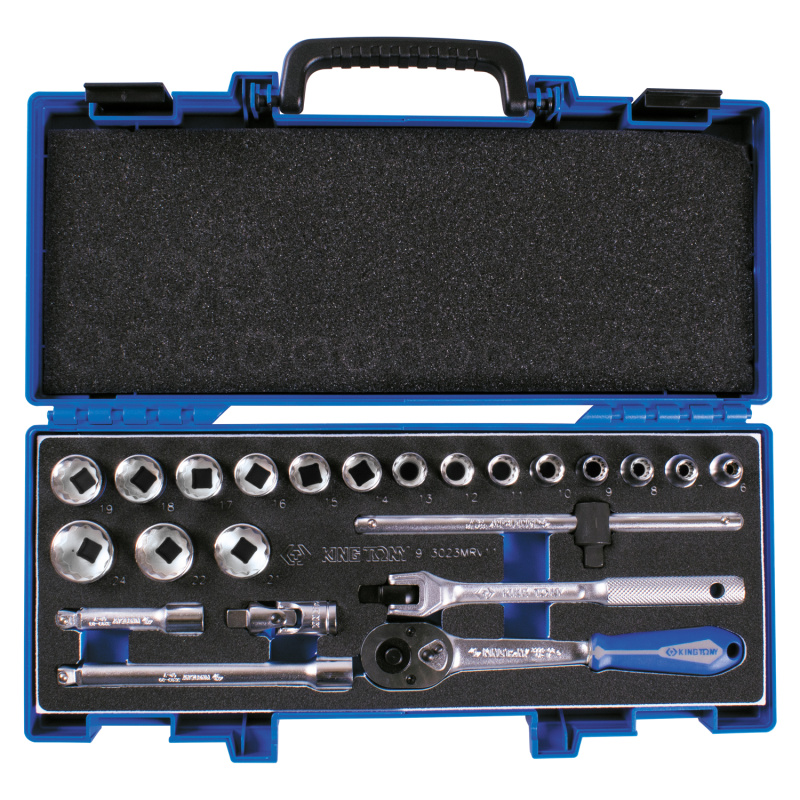 KING TONY Набор торцевых головок с принадлежностями 3/8", двенадцатигранные, 6-24 мм, 23 предмета